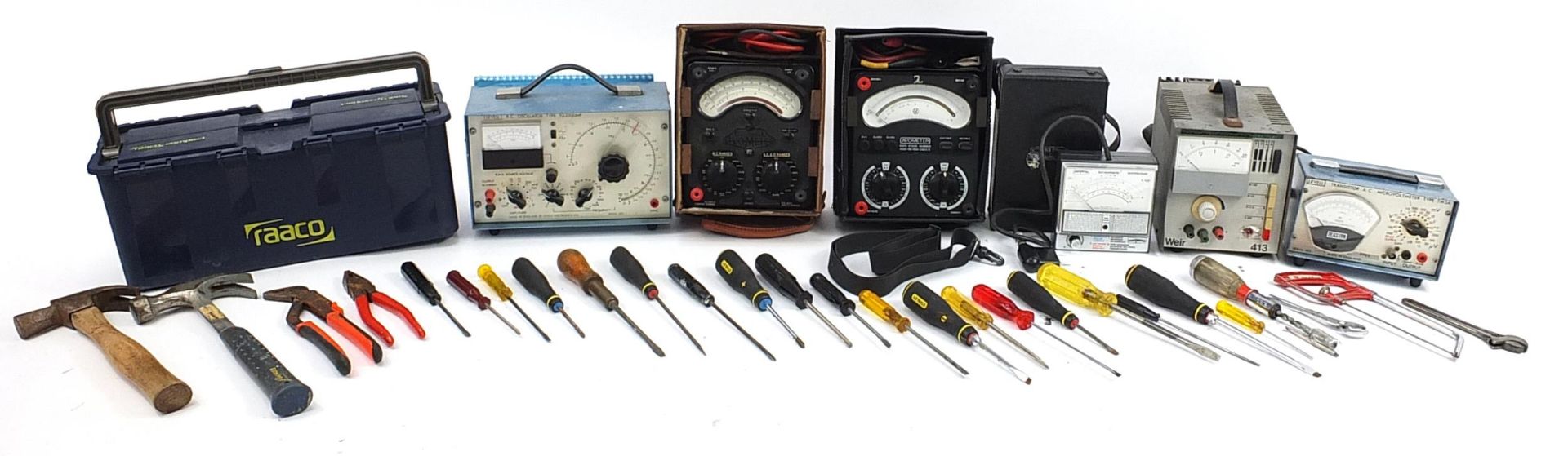 Vintage electrical testing equipment and a selection of tools comprising Levell R C oscillator