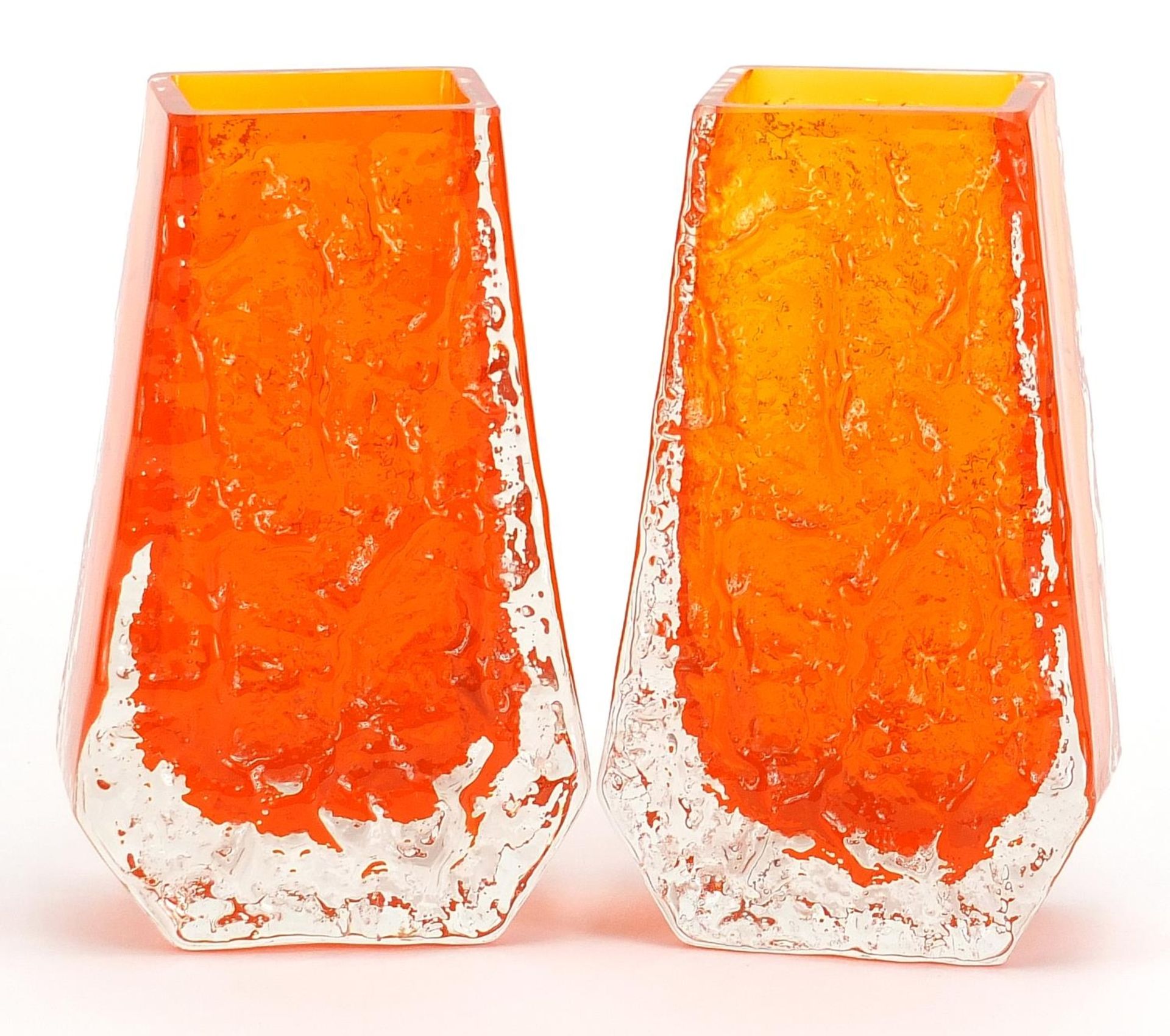 Geoffrey Baxter for Whitefriars, pair of coffin glass vases in tangerine, each 13.5cm high - Image 2 of 3