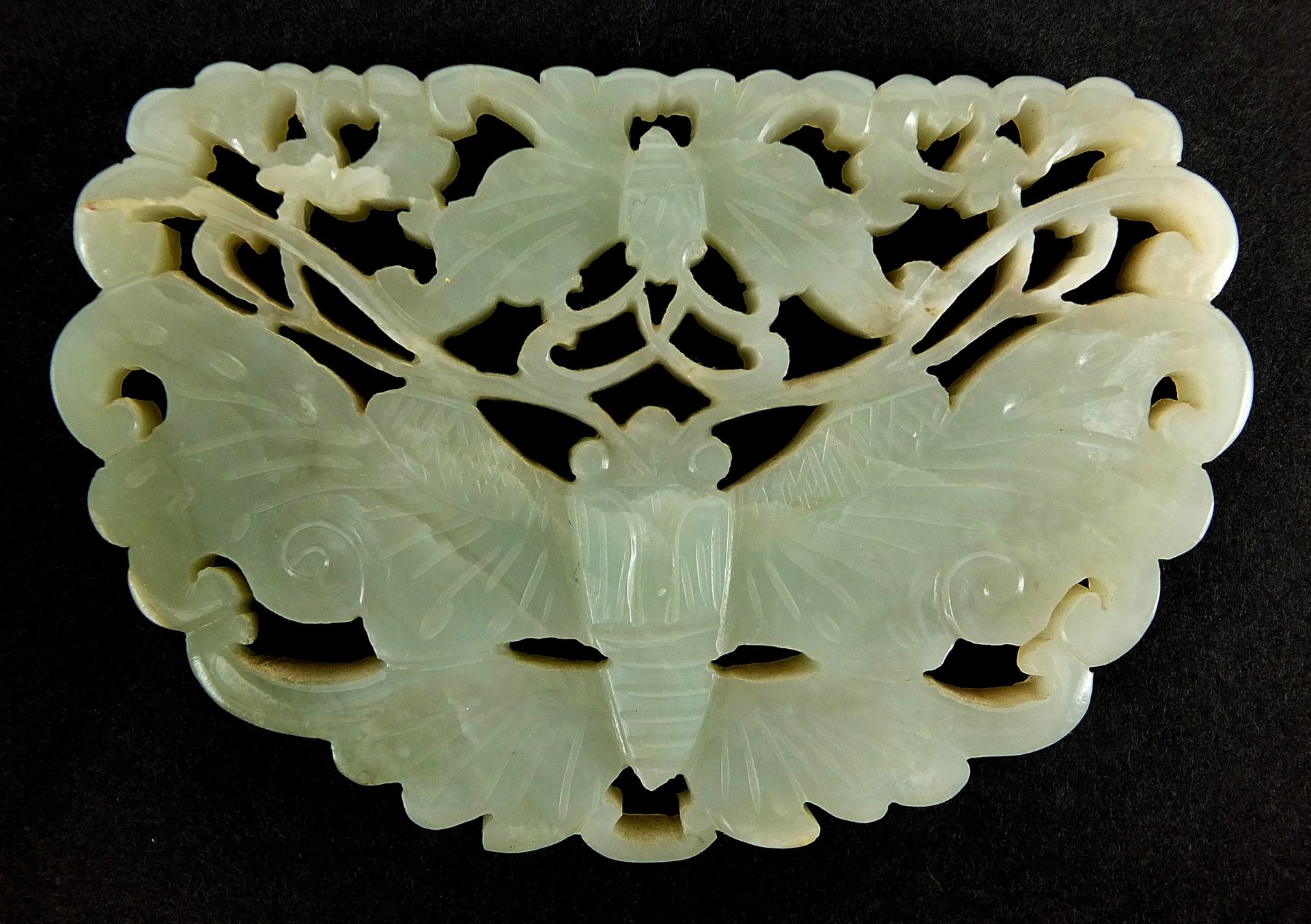 Chinese celadon and russet jade panel carved with two butterflies raised on carved hardwood stand, - Image 7 of 8