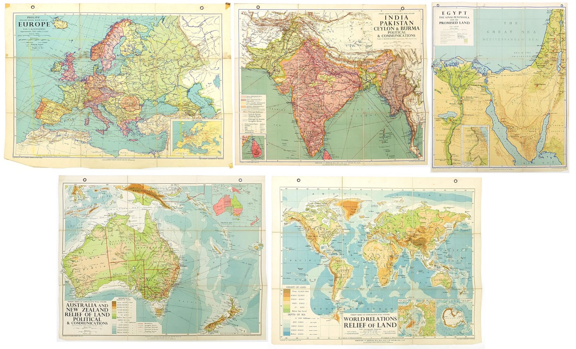 Five 1950’s Philips educational map wall hangings, comprising map of Europe, World Relations Rel