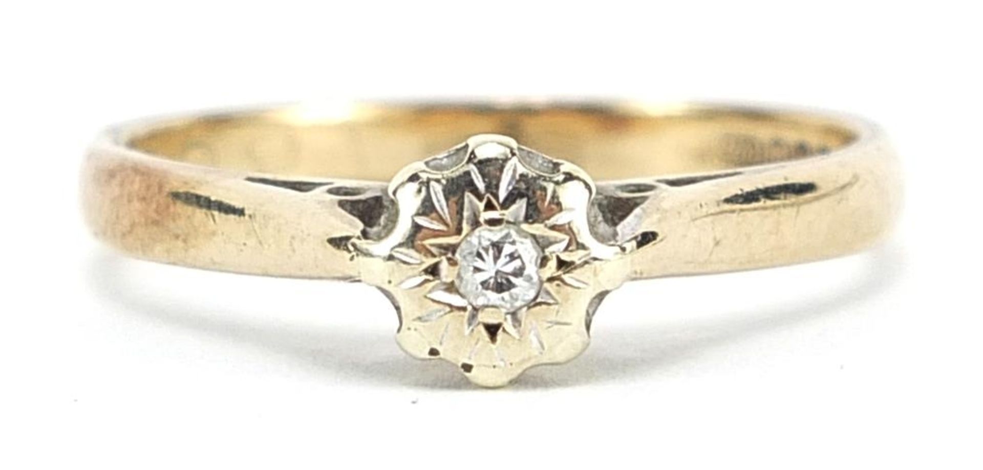 9ct gold diamond solitaire ring, size K, 1.9g