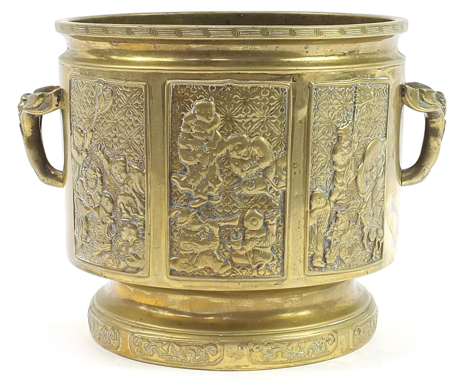 Chinese patinated bronze planter with twin handles decorated with panels of children playing, 23.5cm