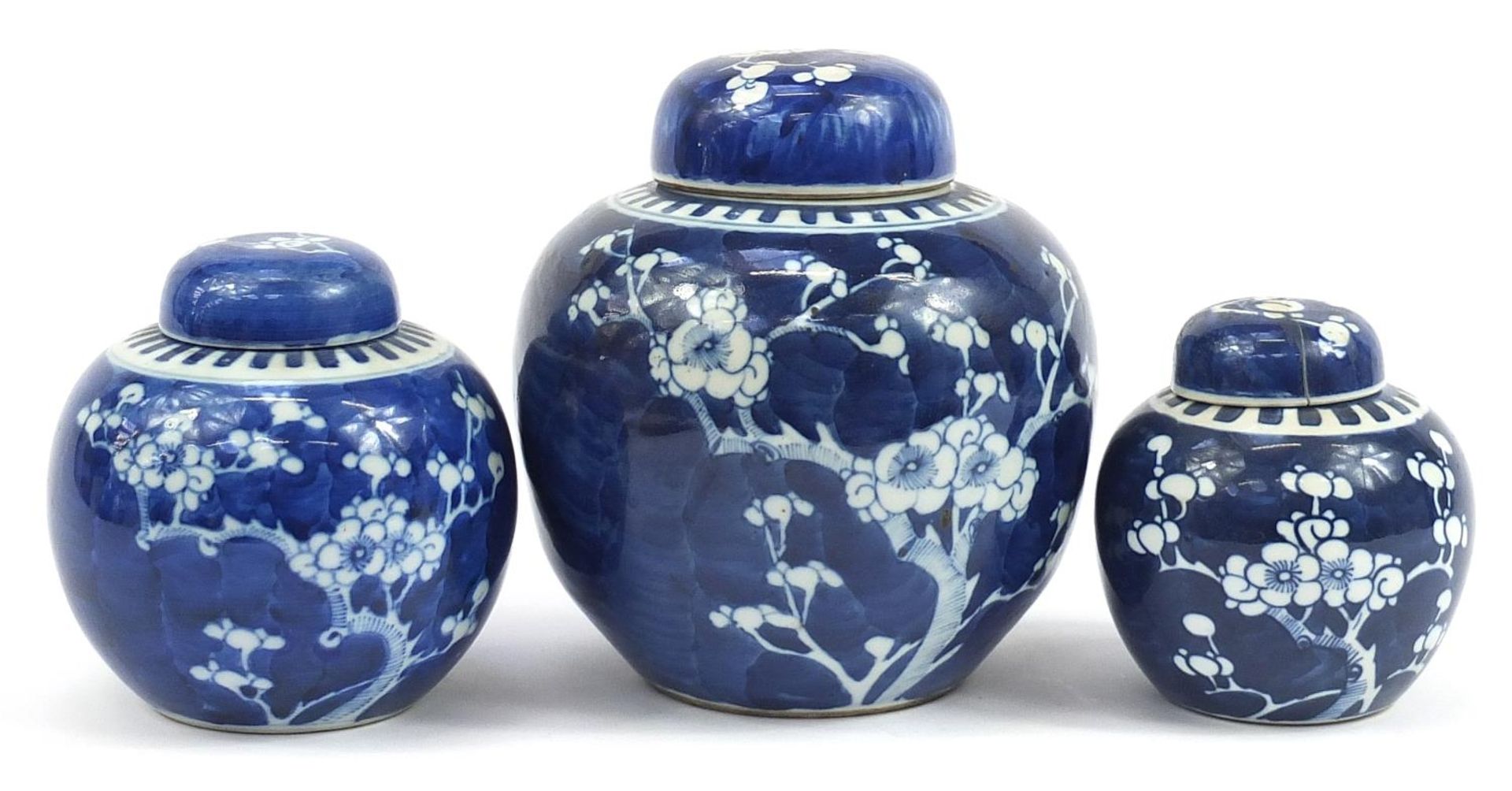 Three Chinese blue and white porcelain ginger jars with covers hand painted with prunus flowers, - Bild 2 aus 3