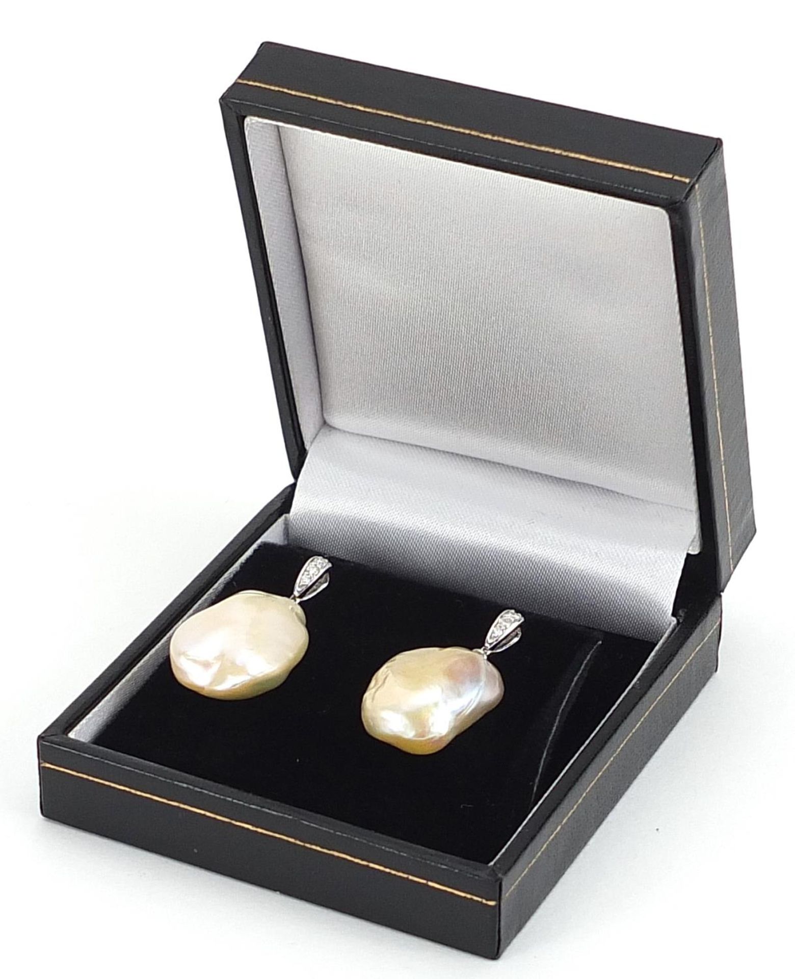 Pair of 9ct white gold baroque pearl and diamond drop earrings, 2.8cm high, 9.2g - Image 3 of 4