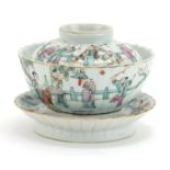 Chinese porcelain rice bowl and cover on stand hand painted in the famille rose palette with figures