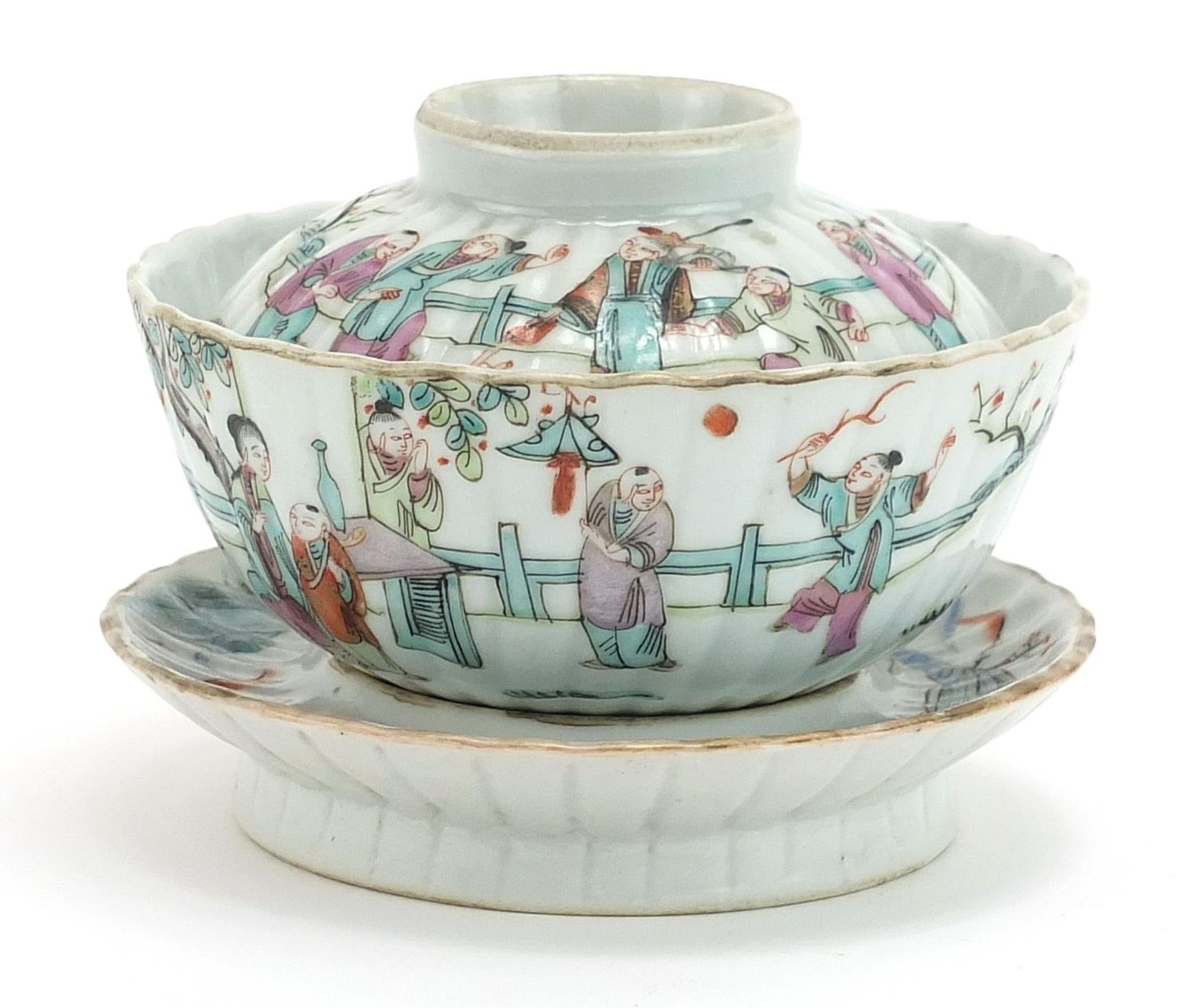 Chinese porcelain rice bowl and cover on stand hand painted in the famille rose palette with figures