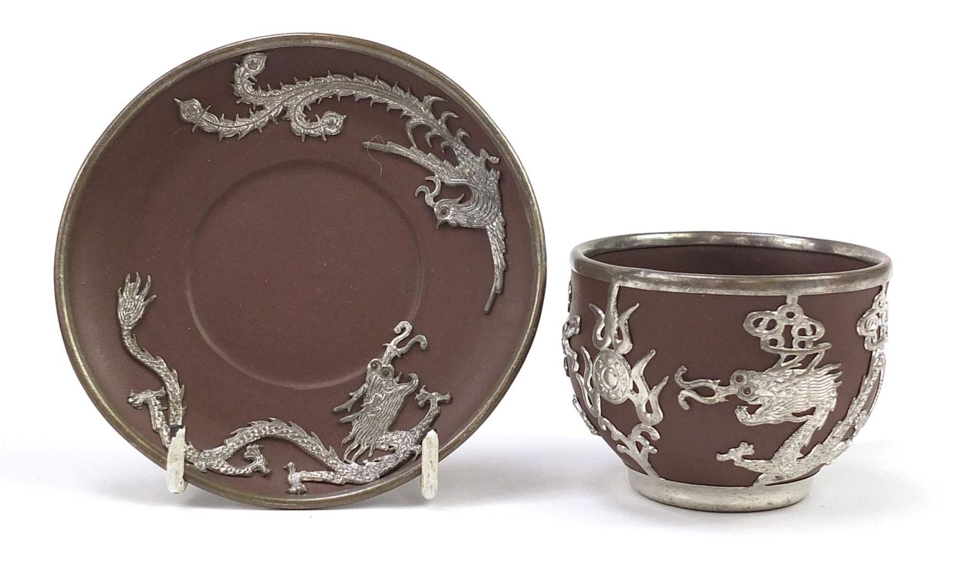 Chinese Yixing terracotta four place tea service with pewter dragon design overlay, various - Image 5 of 7