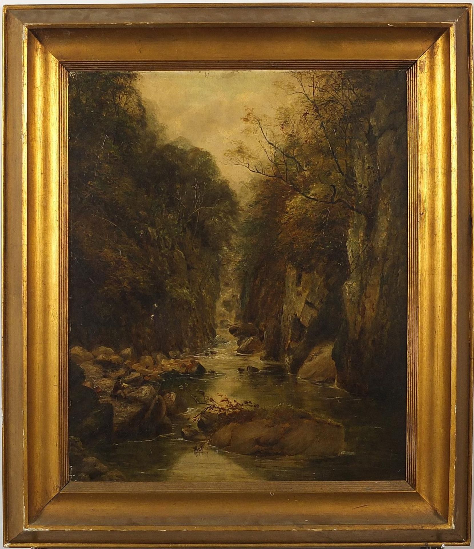 River landscape with waterfall, 19th century oil on canvas, mounted and framed, 60cm x 49.5cm - Image 2 of 4