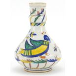 Turkish Kutahya pottery vase hand painted with birds and flowers, 18cm high