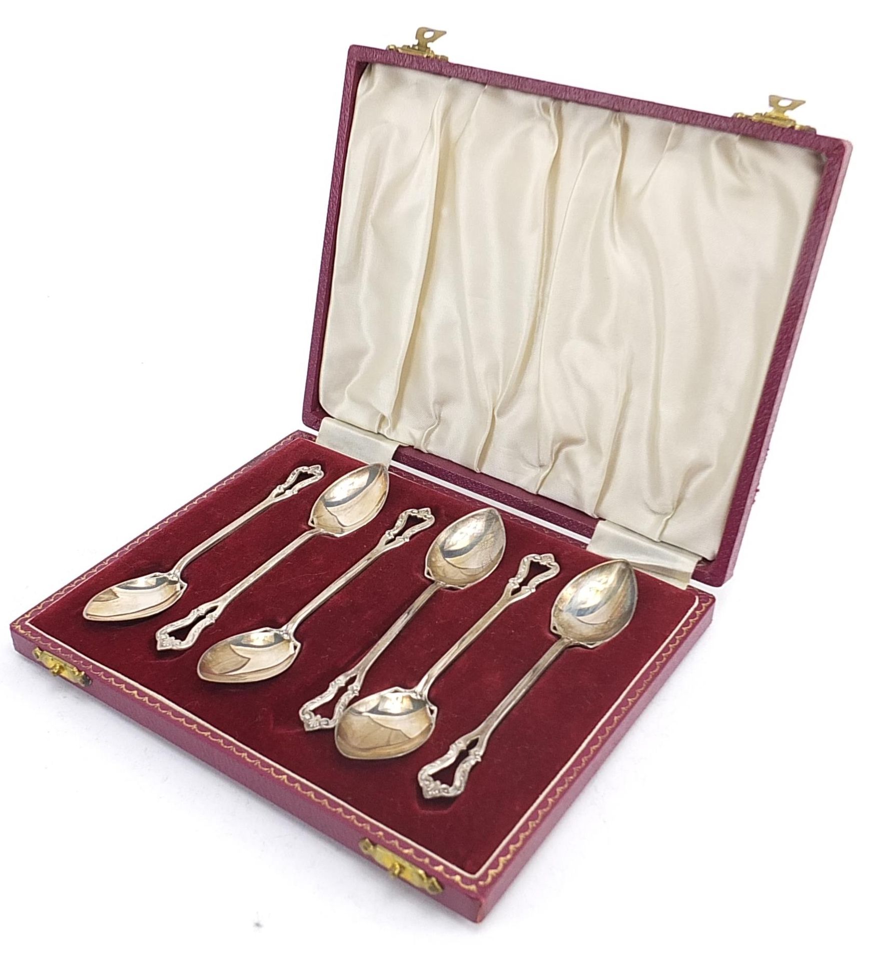 Henry Clifford Davis, set of six Art Nouveau style silver teaspoons housed in a velvet and silk