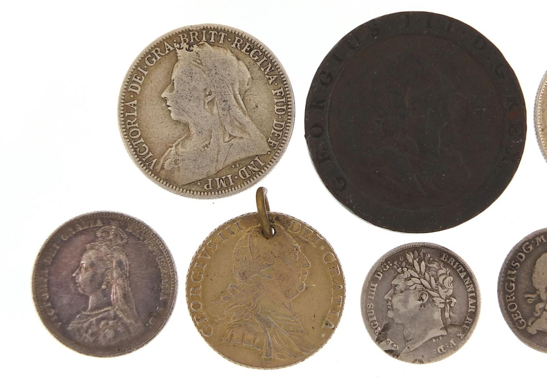 George III and later silver and copper coinage including 1787 shilling and 1723 sixpence, 73.g - Image 5 of 6