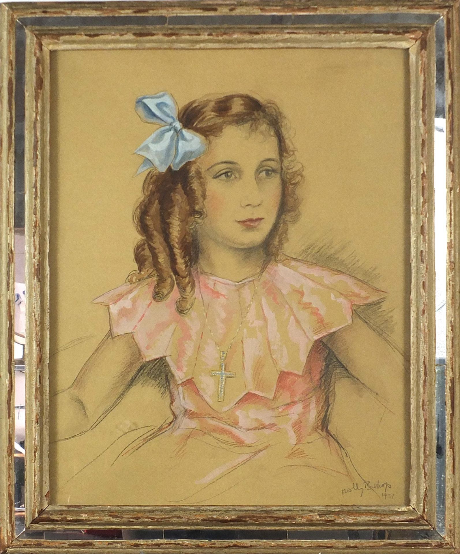 Molly Bishop 1937 - Top half portrait of a girl wearing a cross pendant, mixed media, mounted, - Bild 2 aus 4