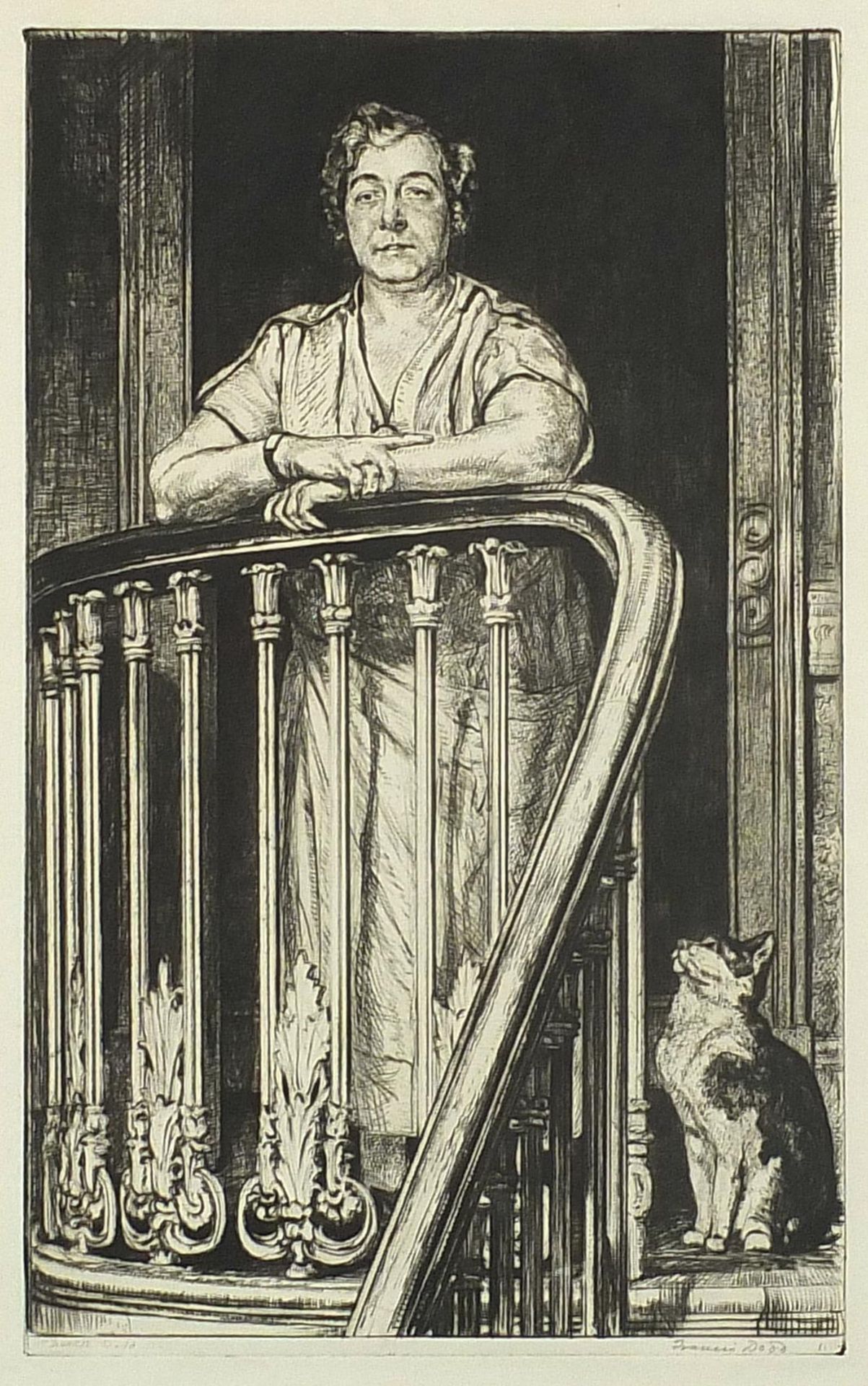 Francis H Dodd - Female at a banister with cat, pencil signed etching, J Laurence & Co, Liverpool