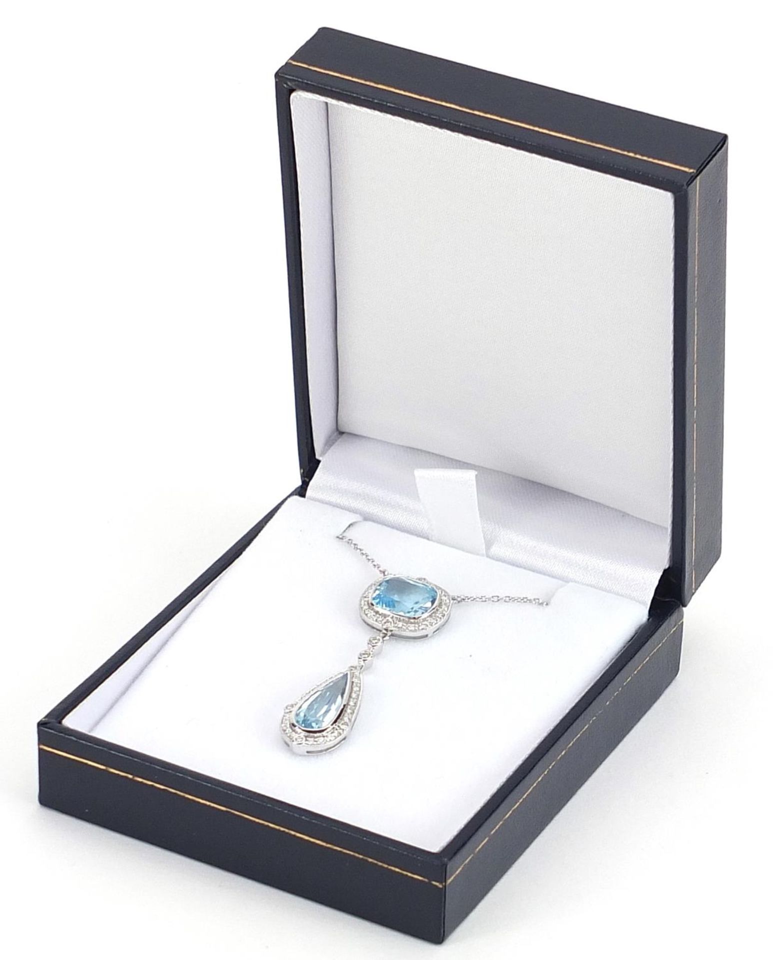 Art Deco style 18ct white gold blue topaz and diamond necklace, total topaz weight approximately 5. - Image 5 of 6
