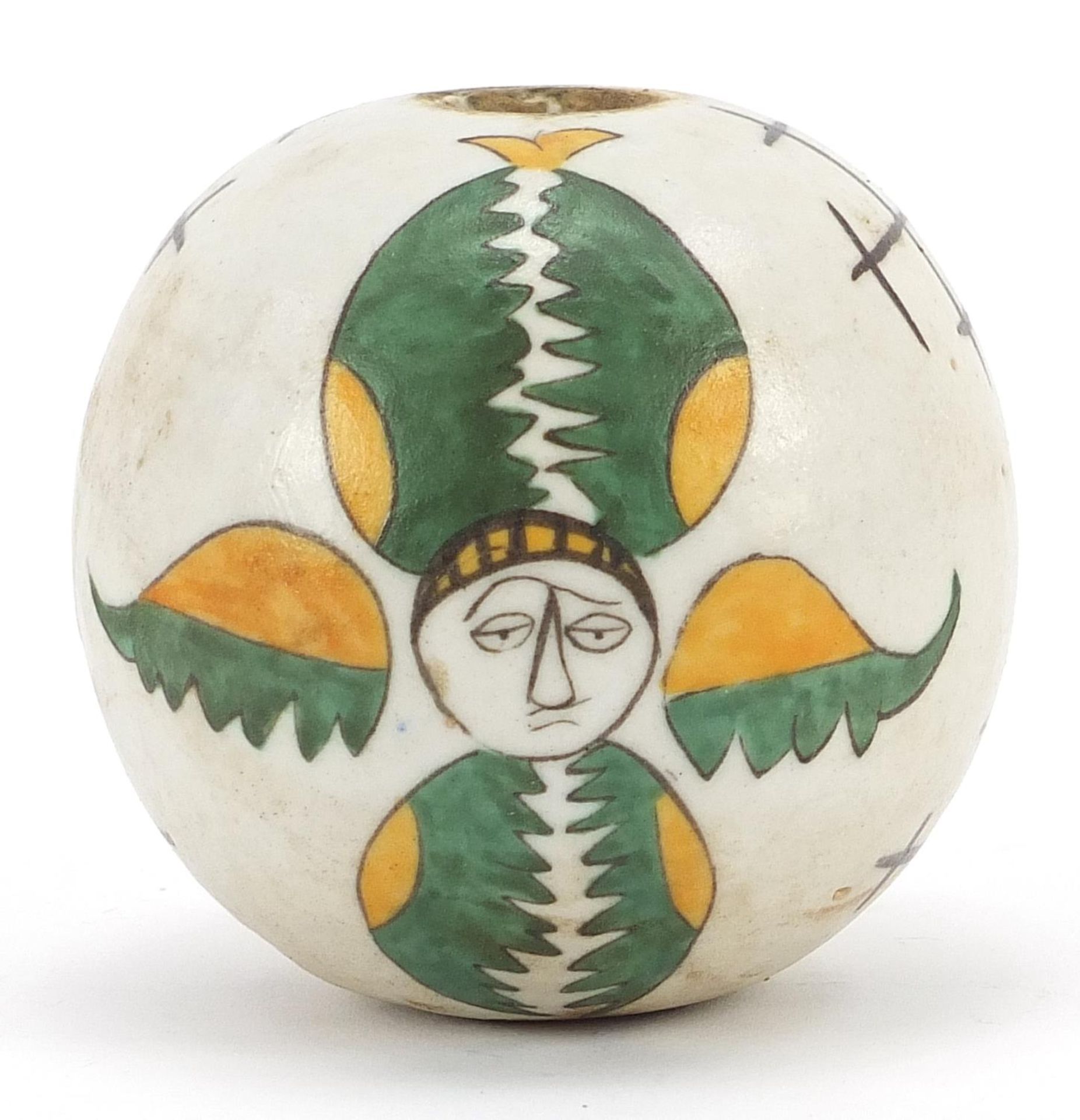 Turkish Kutahya pottery hanging ball hand painted with faces, 10cm high