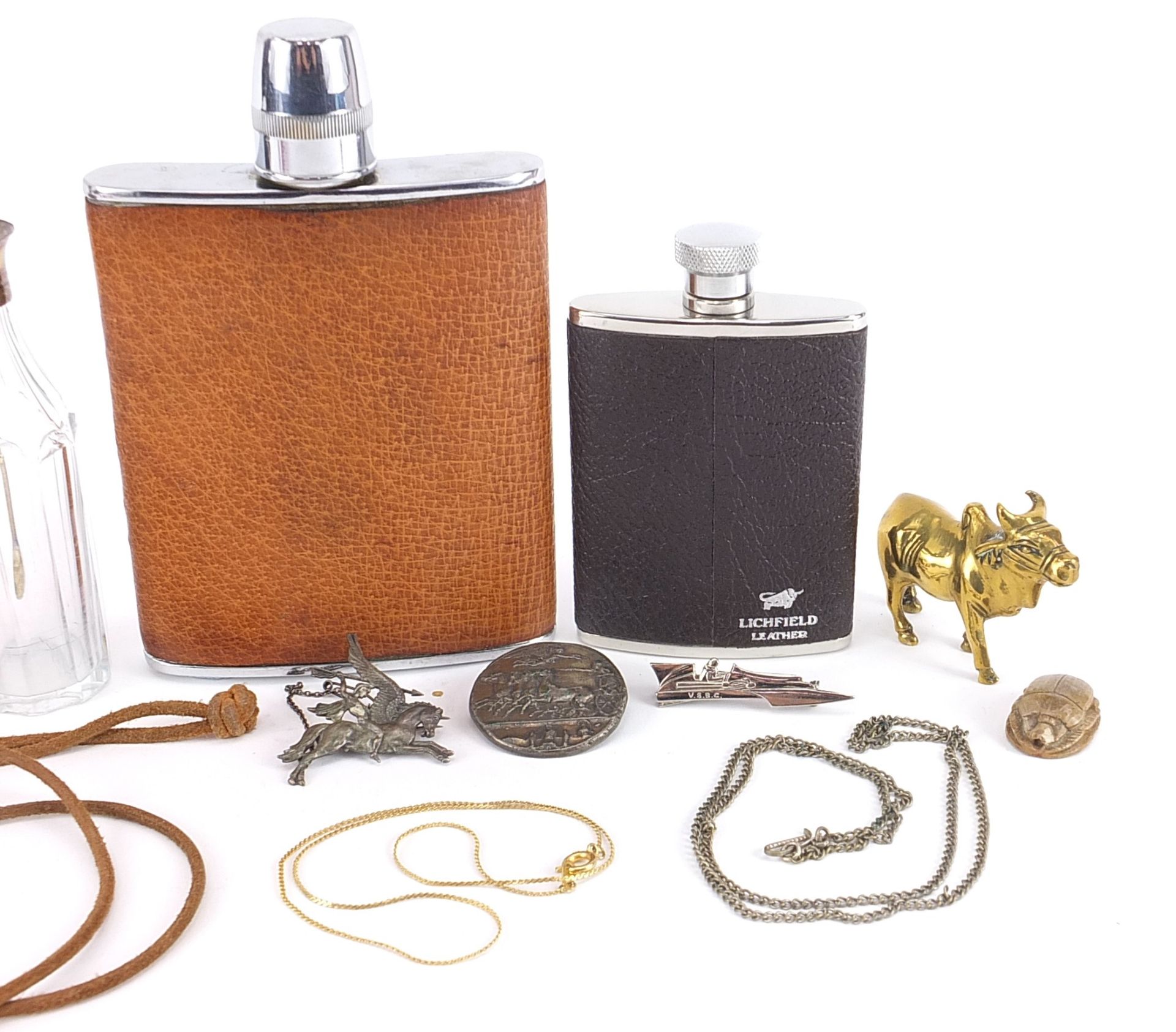 Objects including silver napkin ring, silver mounted scent bottle and hip flasks, the largest 15cm - Image 3 of 3