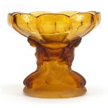 Art Deco frosted and clear amber glass centrepiece with semi nude females, 20cm high x 22.5cm in