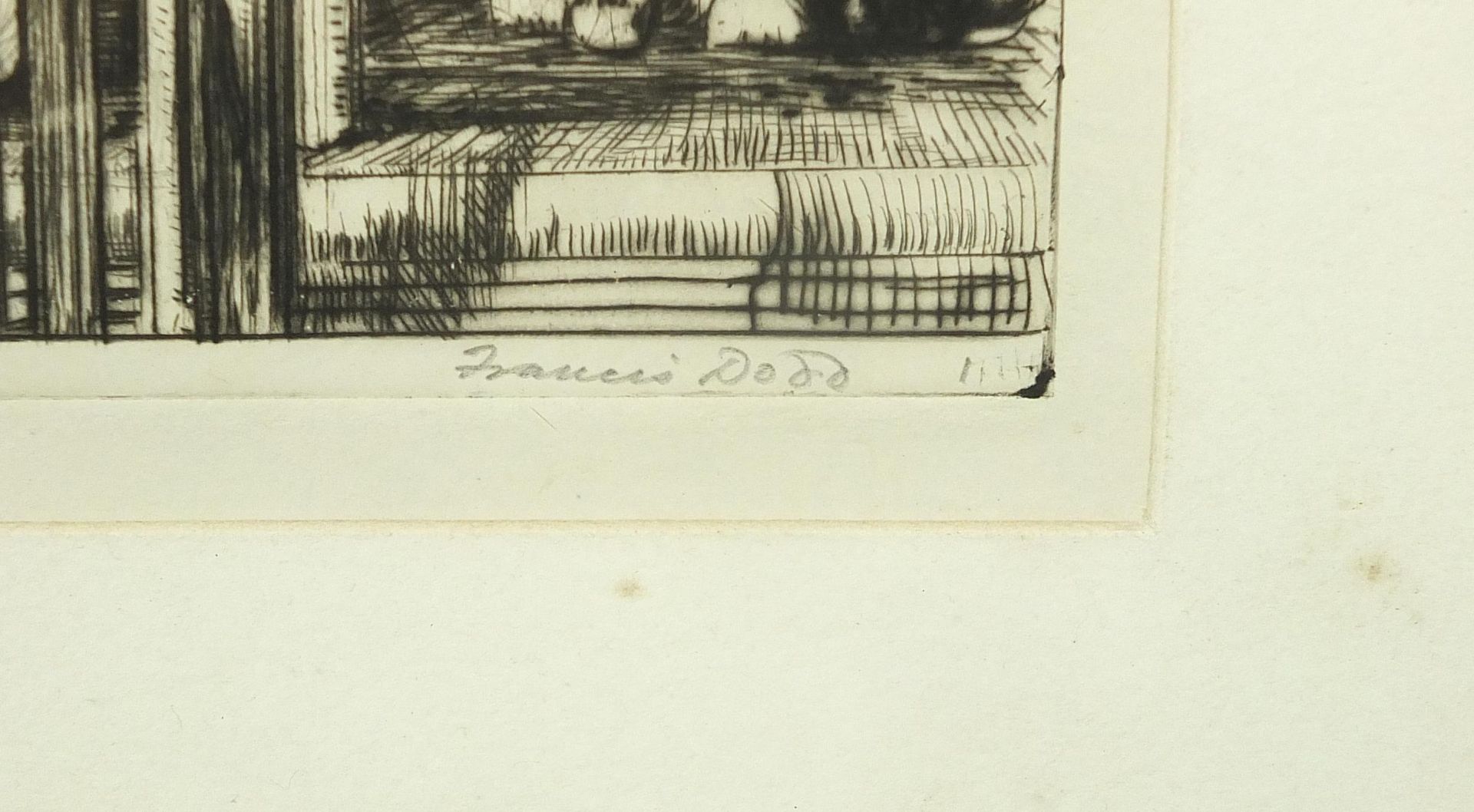Francis H Dodd - Female at a banister with cat, pencil signed etching, J Laurence & Co, Liverpool - Image 4 of 6