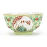 Chinese porcelain bowl hand painted with panels of bamboo groves onto a faux bamboo ground, six