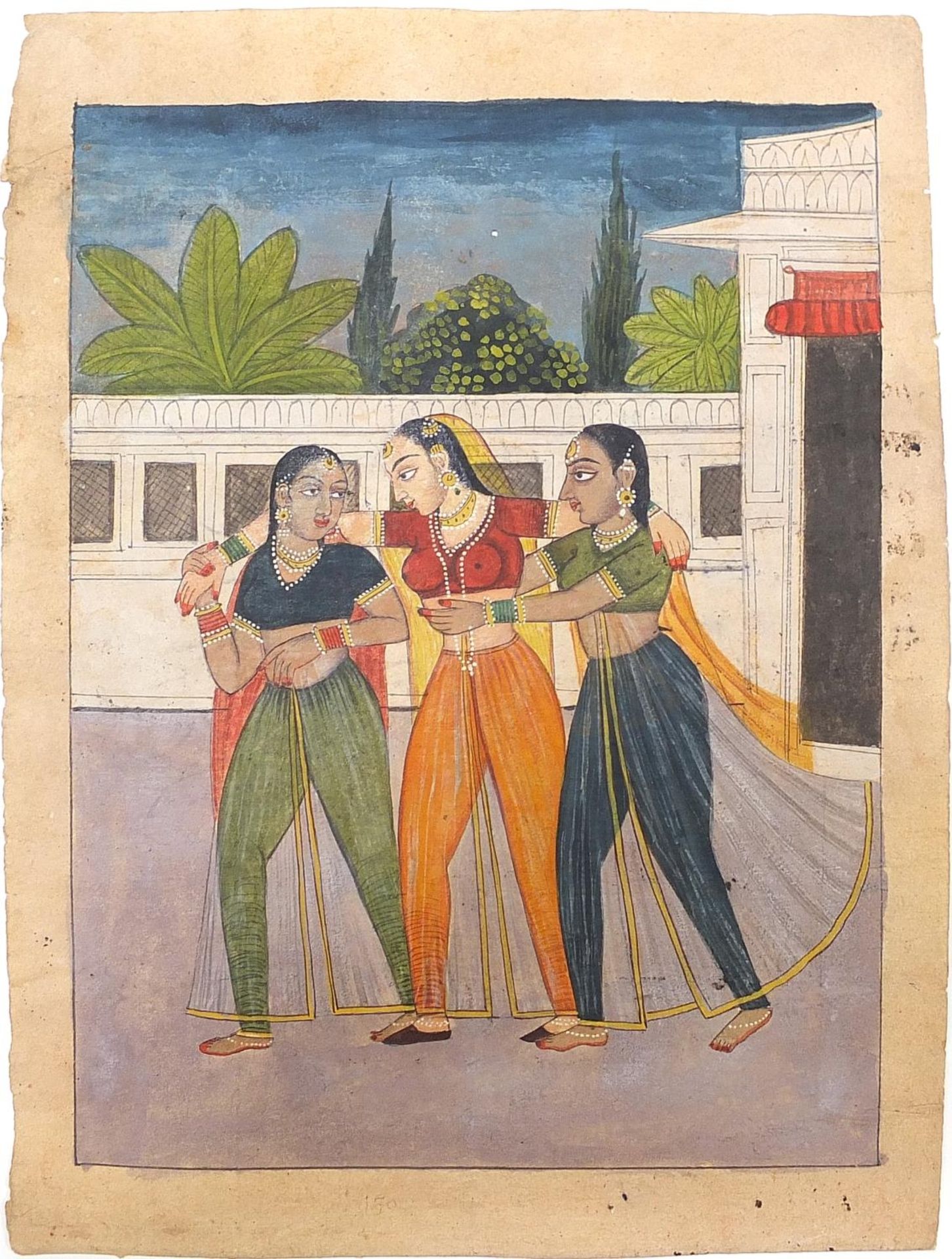 Queen with friends on a palace terrace, Indian Delhi Mugal school watercolour on paper, unframed, - Image 2 of 4