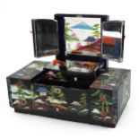 Japanese lacquered jewellery chest with mother of pearl inlay hand painted with a pagoda before