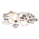 Silver jewellery including Modernist bracelet, rings, earrings and simulated pearl necklace, 162.0g