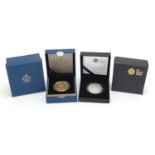 Two Elizabeth II silver proof five pound coins with certificates and cases commemorating The Queen's
