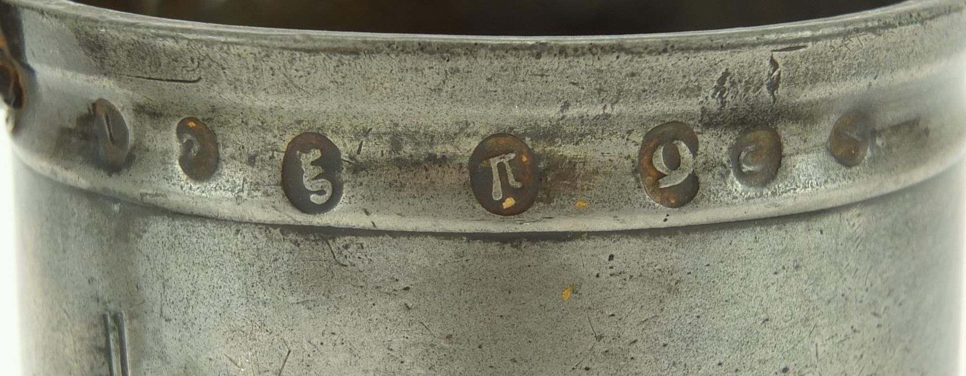 Graduated set of four antique pewter measures, indistinct maker's mark to each, possibly Dewitte - Image 3 of 6