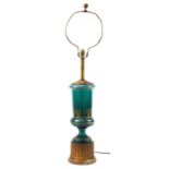 Green glass table lamp with gilded decoration and column base, 107cm high