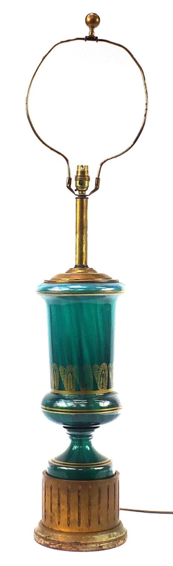 Green glass table lamp with gilded decoration and column base, 107cm high