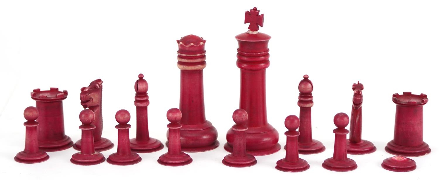 Half stained turned bone chess set, the largest piece 9cm high - Image 3 of 6