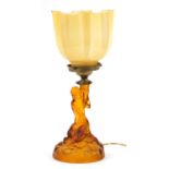 Walther & Sohne, Art Deco amber glass candlestick converted to an electric table lamp with glass