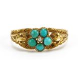 Victorian unmarked gold turquoise and seed pearl flower head ring with ornate shoulders, housed in a