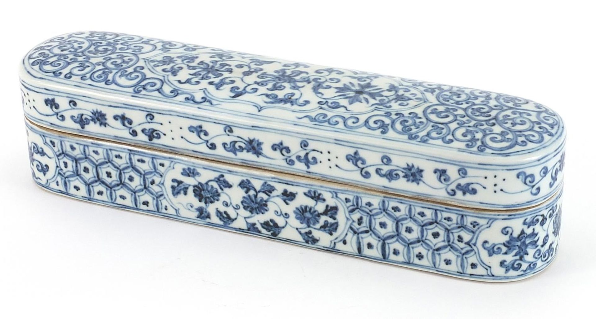 Chinese Islamic blue and white porcelain calligraphy box hand painted with flowers, 32cm wide