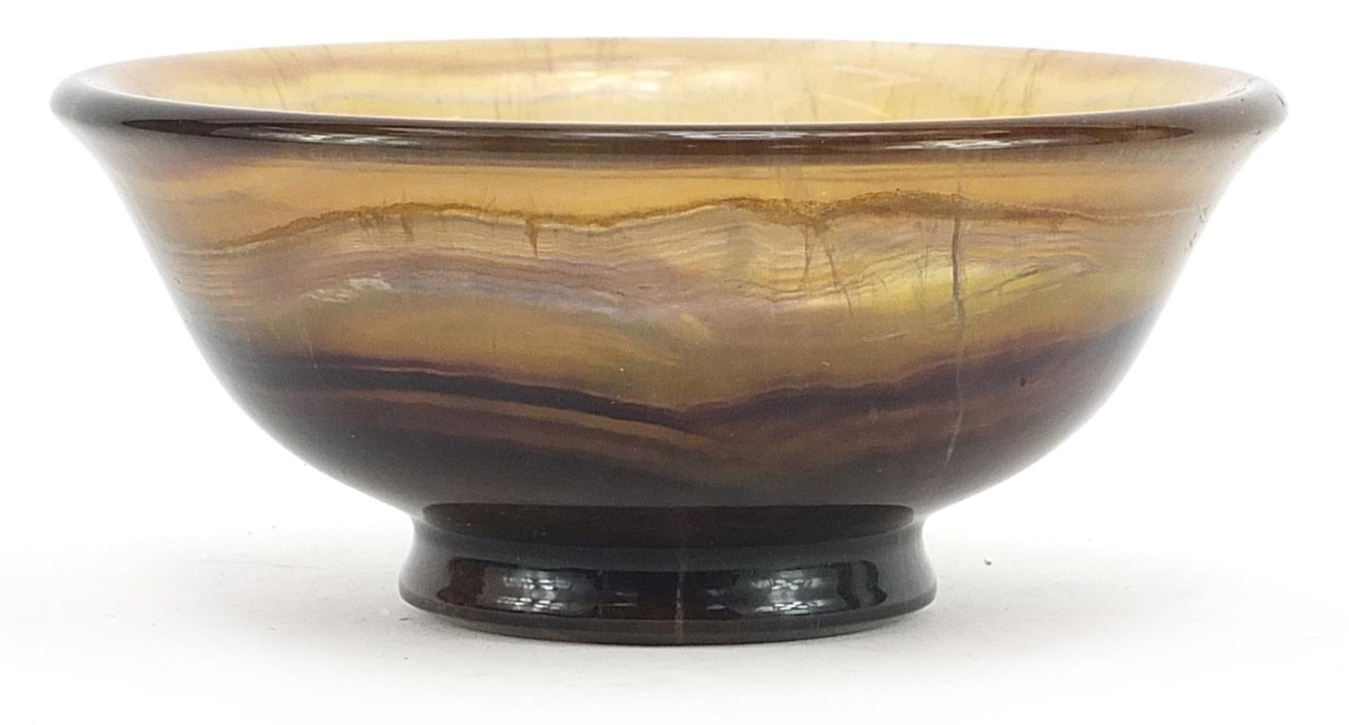 Polished flourite footed bowl, 14.5cm in diameter