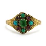 Victorian 12ct gold turquoise, green and red stone cluster ring, size O, 2.1g