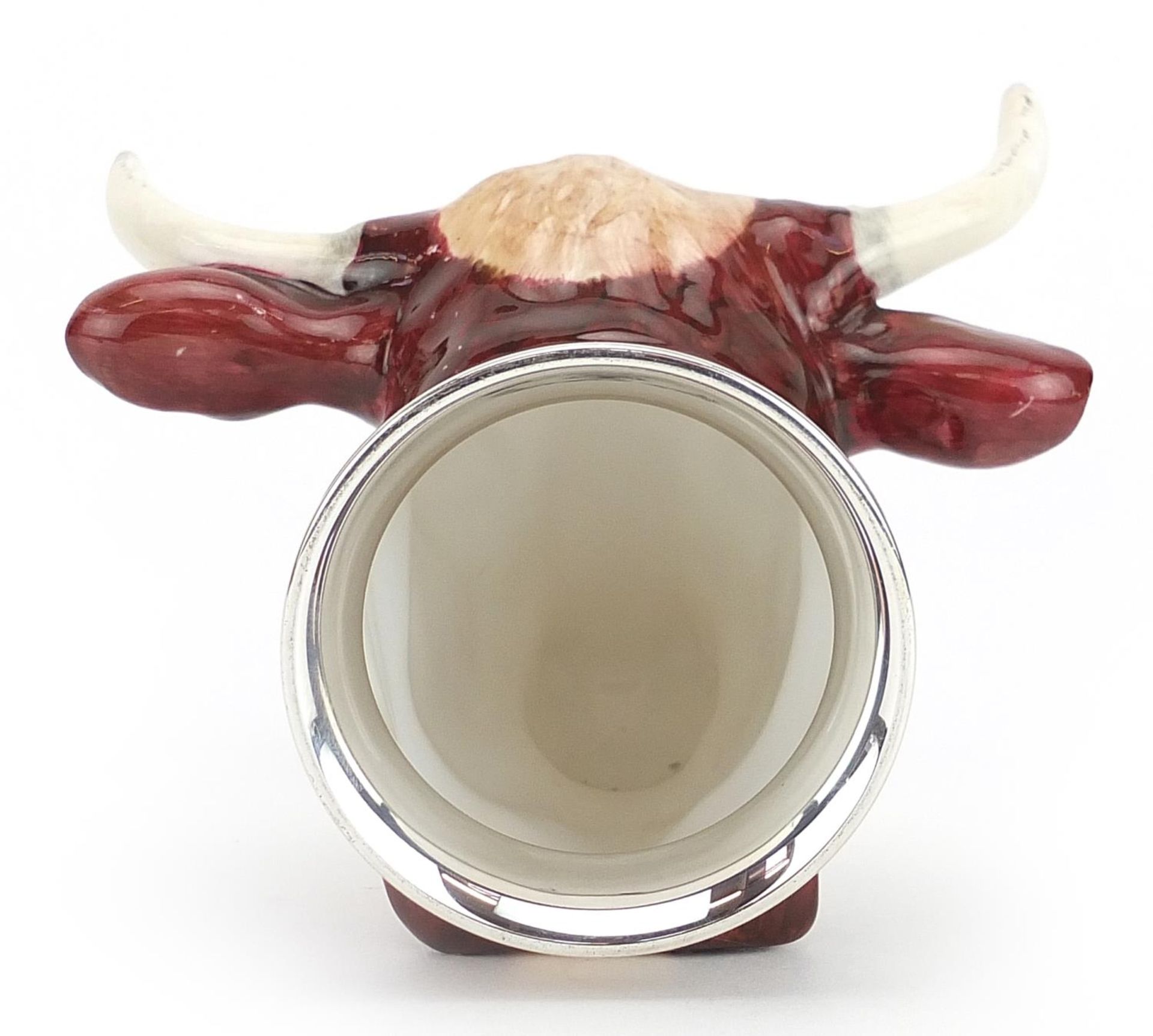 Royal Stratford porcelain stirrup cup with silver plated mount in the form of a bull's head, 11cm in - Image 4 of 5