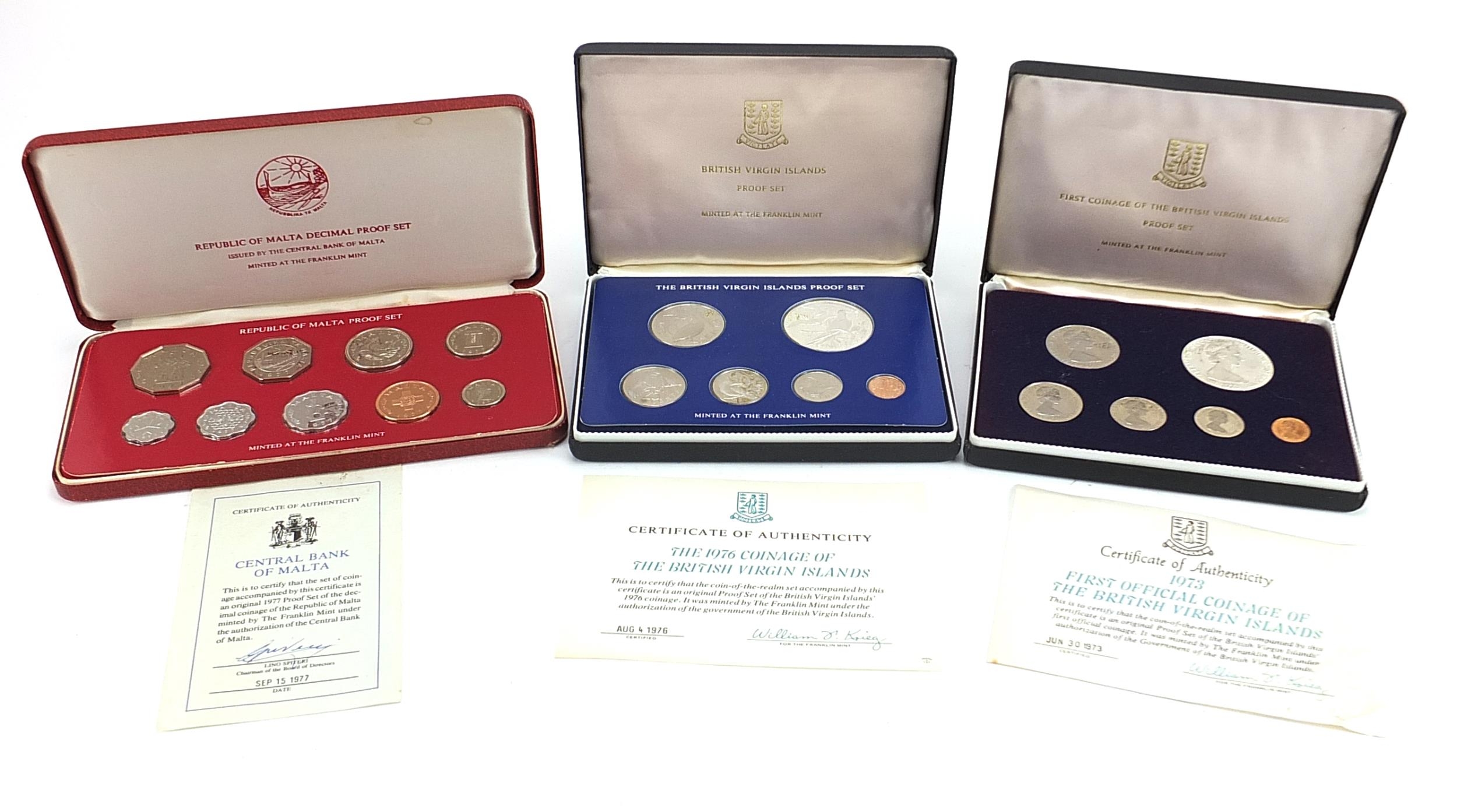 Three proof coin sets by The Franklin Mint comprising two from the British Virgin Islands dates 1973