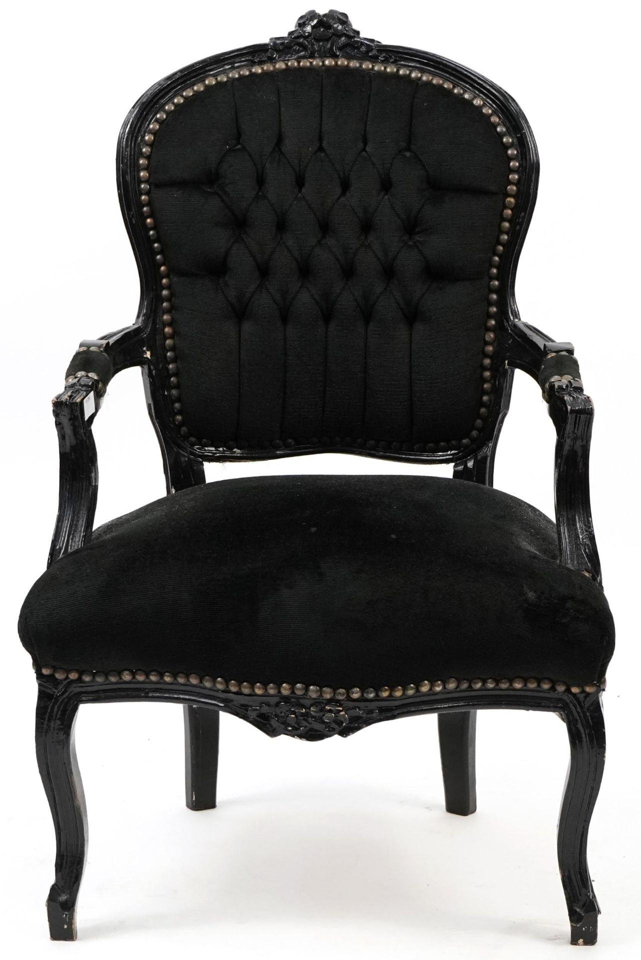 French style black painted elbow chair with black button back upholstery, 92cm high - Bild 2 aus 3