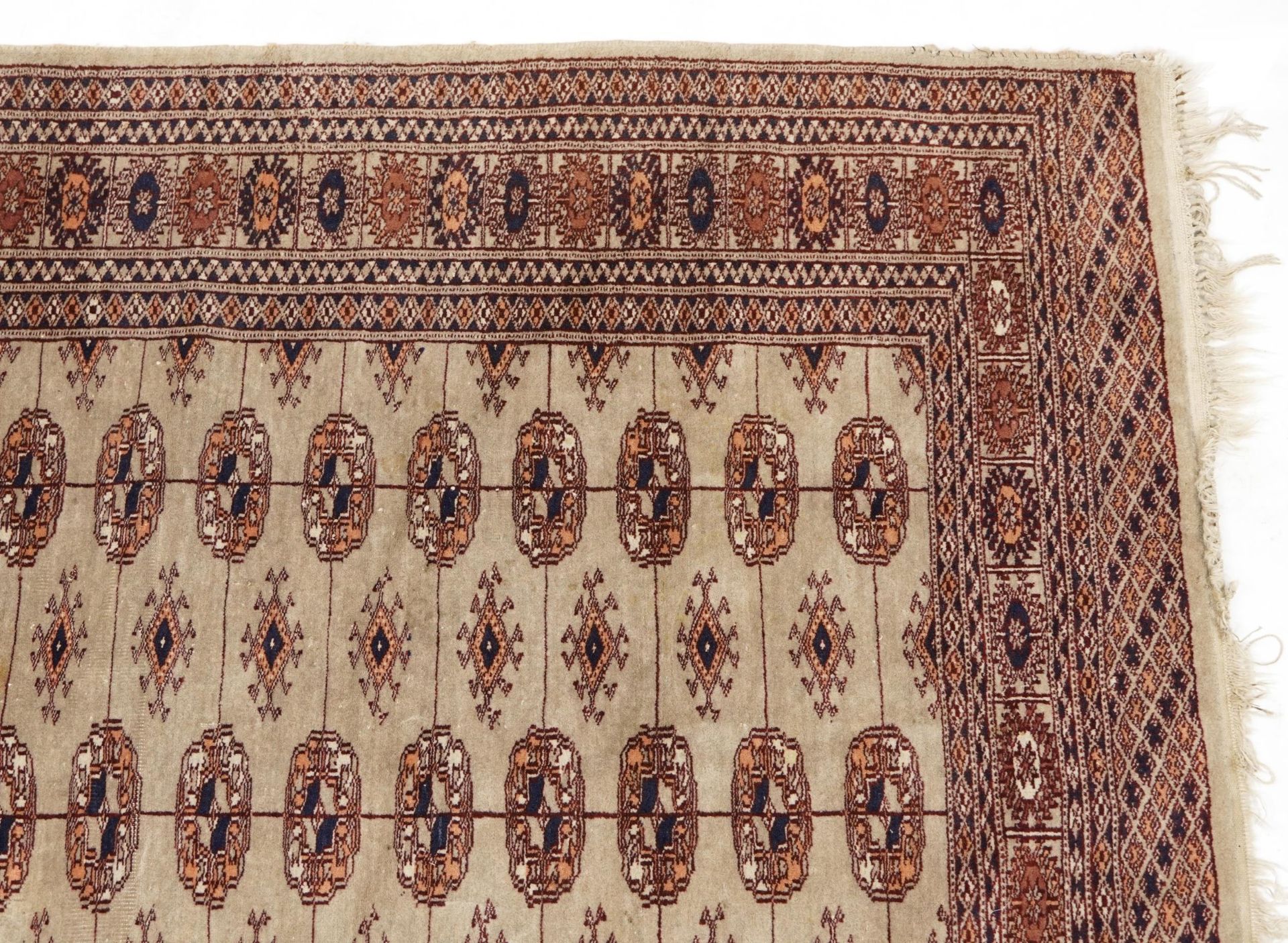 Rectangular Bokhara part silk cream and blue ground rug having an all over geometric design, 150cm x - Image 3 of 6