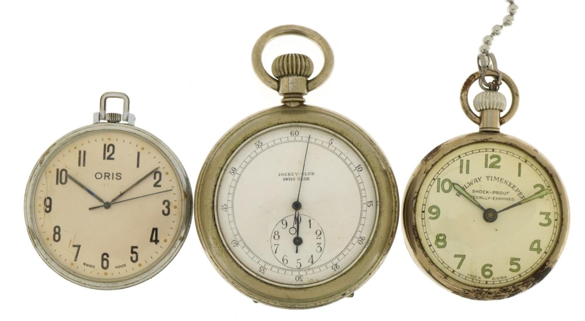 Three gentlemen's pocket watches and stop watches comprising Jockey Club stopwatch, railway