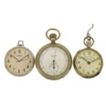 Three gentlemen's pocket watches and stop watches comprising Jockey Club stopwatch, railway