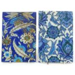 Two Turkish Iznik pottery tiles hand painted with leaves and flowers, each approximately 23.5cm x