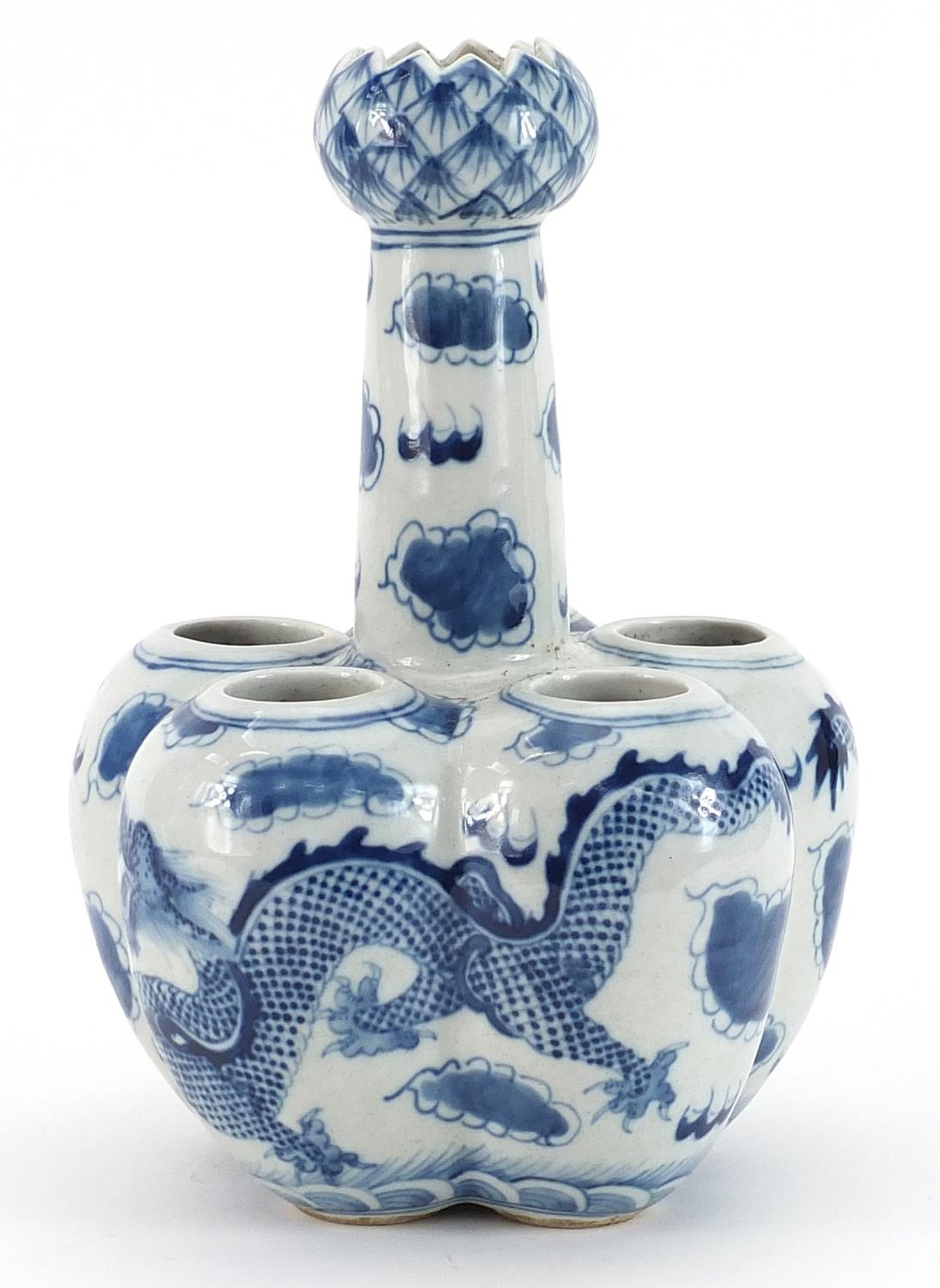 Chinese blue and white porcelain tulip vase hand painted with dragons chasing a flaming pearl - Image 2 of 3