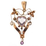 9ct gold amethyst drop pendant, 4.3cm in length, 2.5g