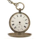 Victorian silver gentlemen's full hunter pocket watch on a white metal watch chain, the pocket watch