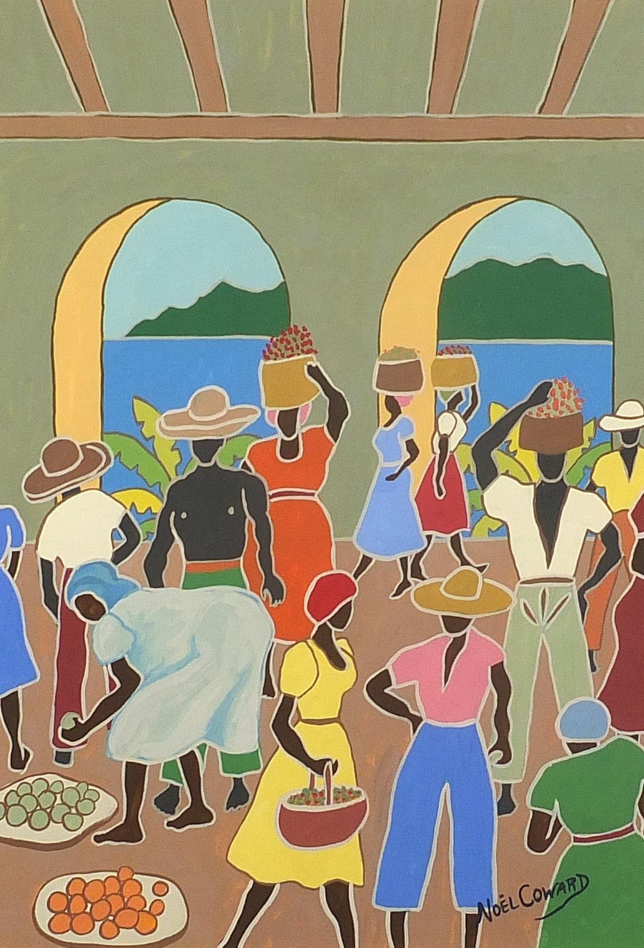 After Noel Coward - Jamaican market scene, gouache on paper, mounted, framed and glazed, 33.5cm x