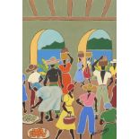 After Noel Coward - Jamaican market scene, gouache on paper, mounted, framed and glazed, 33.5cm x