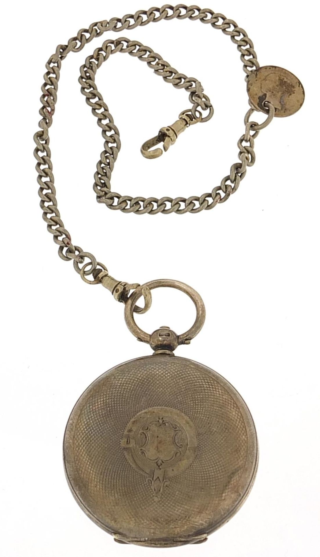 Victorian silver gentlemen's full hunter pocket watch on a white metal watch chain, the pocket watch - Image 2 of 5