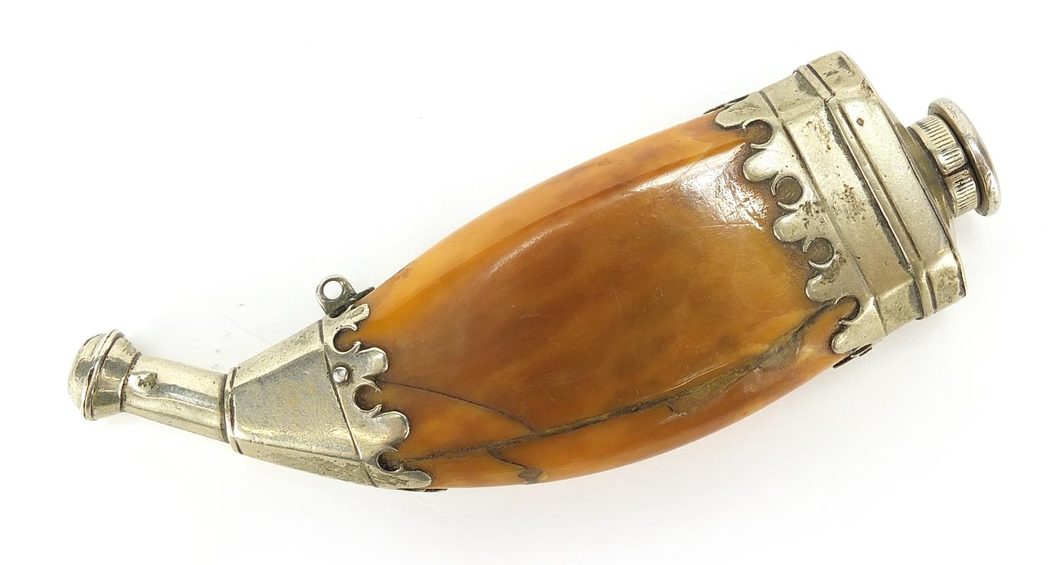 Antique Islamic powder flask with amber coloured body, 12.5cm in length